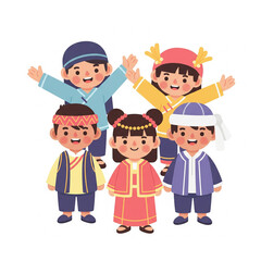 Global Unity in Childhood: Five cheerful children, each in vibrant traditional clothing representing different cultures, stand together, symbolizing unity and diversity in childhood. 