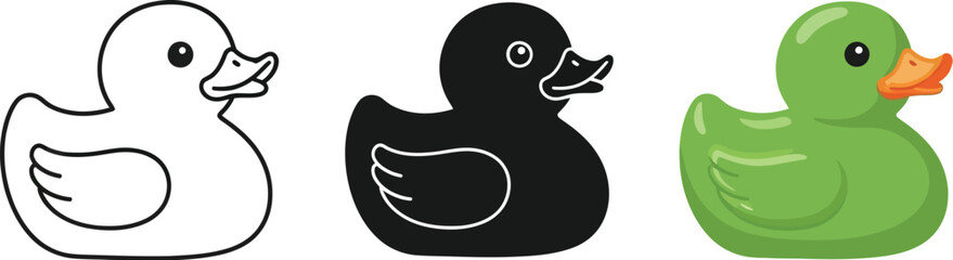 Fototapeta premium Three rubber duck illustrations in line art black and green colors