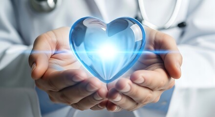 Obraz premium Doctors Hands Gently Holding a Glowing Translucent Blue Glass Heart Symbol image