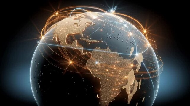 A digitally rendered Earth showing North America with glowing lines and lights representing global data connections and network activity. - Powered by Adobe