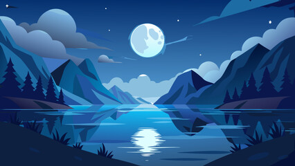 Fototapeta premium Serene mountain lake under a full moon and starry night sky
