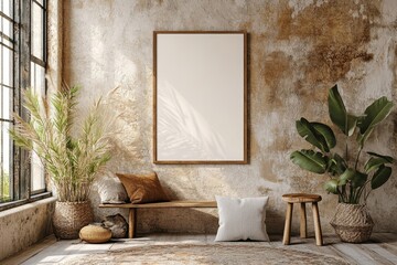 Blank poster near a beige stucco wall in a farmhouse room with boho interior design elements like a wooden stool, Generative AI