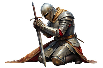 Medieval knight in full armor kneeling in prayer holding a large sword isolated on a transparent background 1