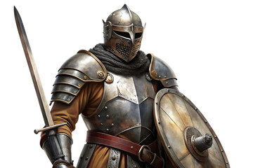 Medieval knight in detailed full plate armor holding a sword and shield isolated on a transparent background