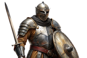 Medieval knight in detailed full plate armor holding a sword and shield isolated on a transparent background