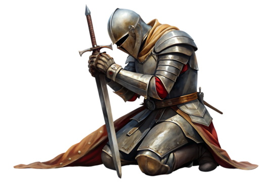 Medieval knight in full armor kneeling in prayer holding a large sword isolated on a transparent background 1