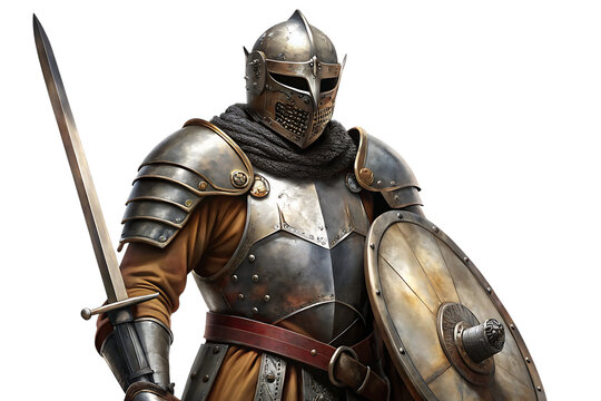 Medieval knight in detailed full plate armor holding a sword and shield isolated on a transparent background