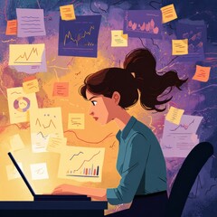 A young woman with a ponytail rapidly typing on a laptop indoors, showcasing concentration and productivity.