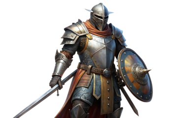 Medieval knight in full plate armor holding sword and shield with ornate details isolated on a transparent background