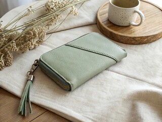 Sage Green Leather Zip Wallet on Cream Linen Top View Minimalist Soft Light Product Display.