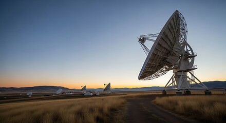Large White Satellite Dishes in Golden Grassland at Sunset Dramatic Sky Background Astronomy Research Technology