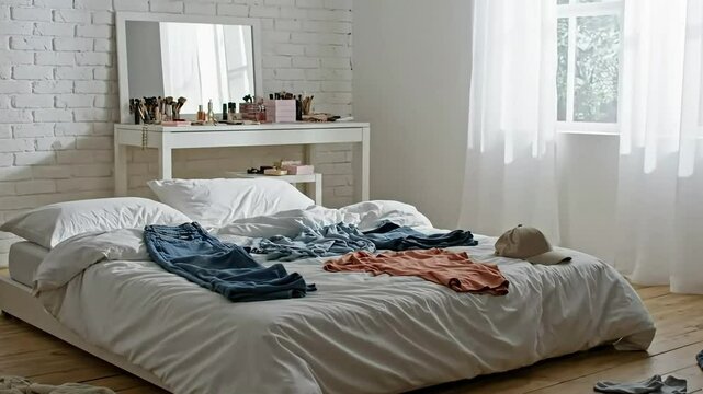 A messy bedroom with clothes scattered on the bed and floor in a bright modern room a perfect visual for themes of daily life chores or teenage angst