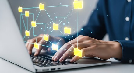 Person Using Laptop with Holographic Network of Yellow File Folders Data Management Concept computer
