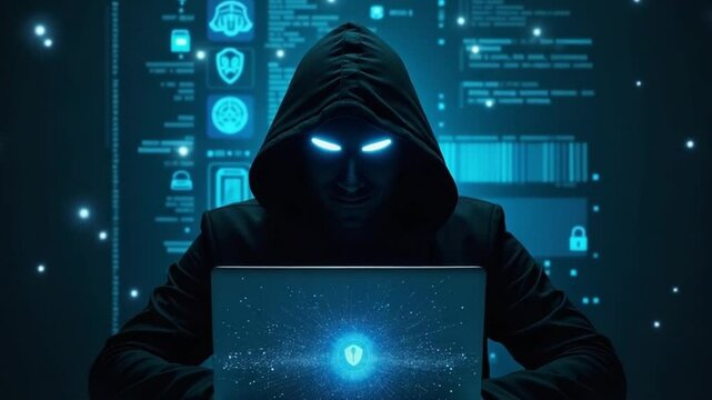 Hacker in Hoodie Accessing Data in Dark Tech Room