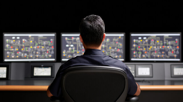  man monitors three complex digital control system screens in a dark room, likely managing industrial or technological processes. - Powered by Adobe
