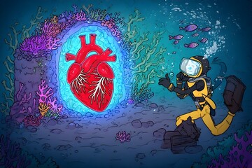 Diver discovers a giant glowing heart nestled within an underwater coral reef.
