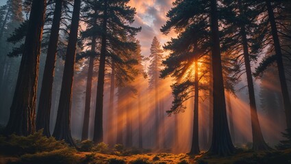 Dramatic sunlight streams through a misty forest, creating a stunning natural scene.