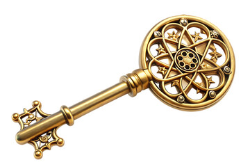 Ornate golden antique key with intricate star and circle pattern on bow isolated on a transparent background