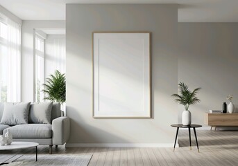 Mockup frame in farmhouse living room interior, frame, design, photo, template, mockup, empty, background, blank, picture, white, isolated, modern, paper, black, wall, art, border, album, shadow, 