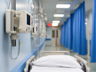 Hospital corridor with medical monitors, beds, and blue privacy curtains in a clean, well-lit clinical setting.