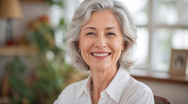 Smiling senior retiree woman smiling. Grandmother at retirement home concept