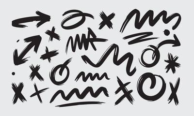 Grunge Hand-Drawn Doodle Arrows and Sketch Symbols Set – Black Textured Marker Scribbles, Scribble Arrows, Abstract Shapes, Grungy Elements for Graphic Design, Posters, and Creative Layouts