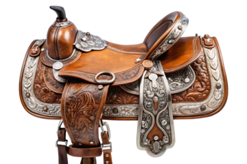 Ornate Western Show Saddle with Intricate Floral Leather Tooling and Silver Accents isolated on a transparent background