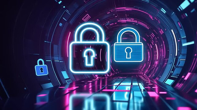 Digital representation of secure locks in a futuristic tunnel with neon lights and technology theme