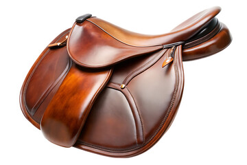 Polished brown leather English riding saddle with detailed stitching and brass accents isolated on a transparent background