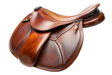 Polished brown leather English riding saddle with detailed stitching and brass accents isolated on a transparent background