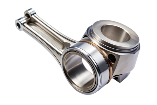 Polished metallic engine piston and connecting rod assembly with bearing isolated on a transparent background