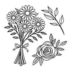 Hand Drawn Daisy Bouquet and Rose Composition with Leaves and Ribbon in Black Line Art
