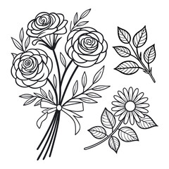Hand Drawn Floral Line Art with Rose Bouquet, Daisy, and Leaves in Monochrome Style