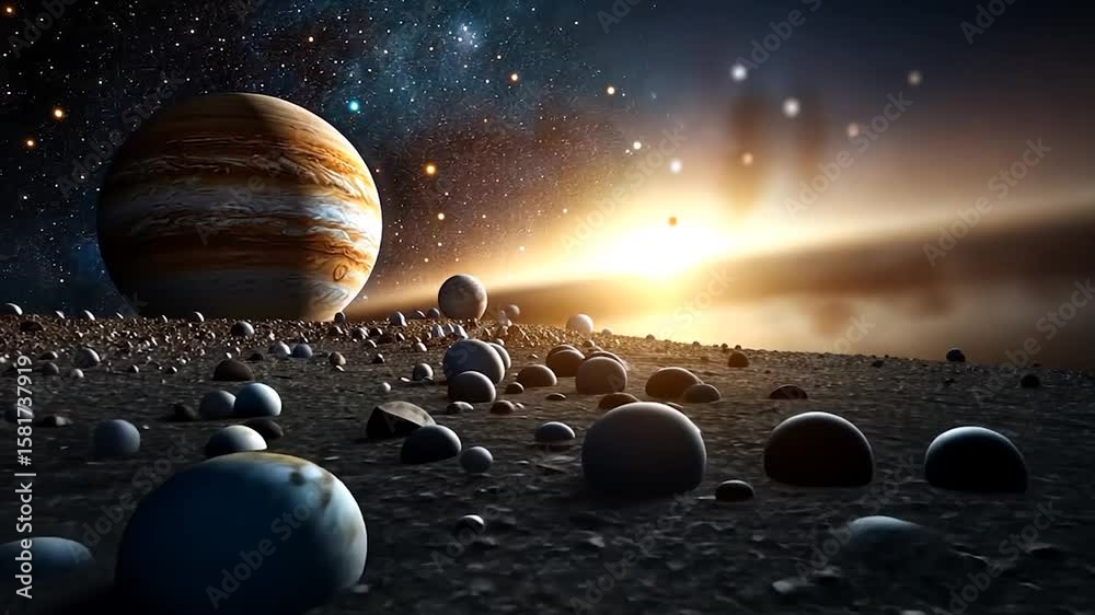 Wall mural close-up view of a planetary surface with large planets and stars visible in the background. dark, r