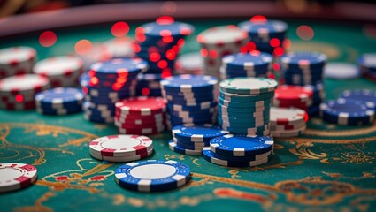 A vibrant close-up shot of poker chips on a casino table ready for the next round of play.