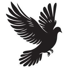 Three black dove silhouettes in flight, each with spread wings, depicted on a gray background