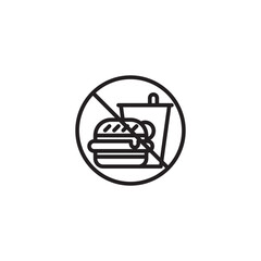 A no-food-or-drink icon featuring a crossed-out burger and soda cup, signifying a prohibited area for consumption.