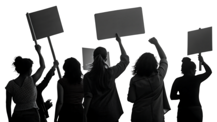 Silhouette group of women holding blank signs and raising fists in protest isolated on a transparent background