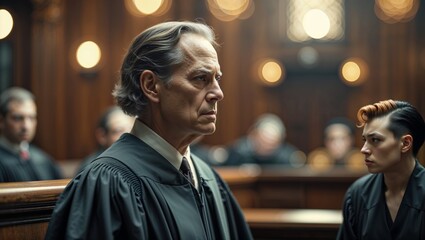 Fototapeta premium A judge and defendant in a courtroom during a trial, focused and serious.