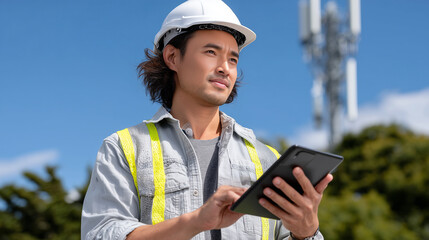 Asian Engineer Inspecting Cell Tower Using Tablet Technology For Telecommunications