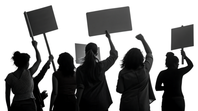 Silhouette group of women holding blank signs and raising fists in protest isolated on a transparent background