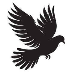 Three black dove silhouettes in flight, each with spread wings, depicted on a gray background