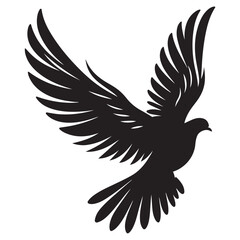 Three black dove silhouettes in flight, each with spread wings, depicted on a gray background