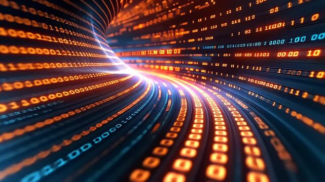 Abstract representation of digital data flow with binary code swirling in vibrant colors