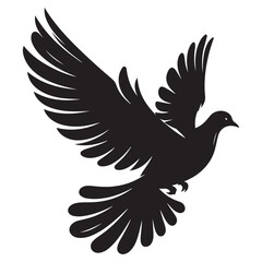 Three black dove silhouettes in flight, each with spread wings, depicted on a gray background