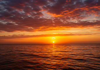 Obraz premium dramatic and colorful sunset over the ocean, with the sun low on the horizon casting a brilliant orange and red glow across the sky and reflecting intensely on the calm water. 