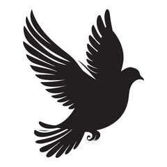 Three black dove silhouettes in flight, each with spread wings, depicted on a gray background