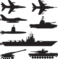 Fototapeta premium Military vehicles aircraft submarine warship silhouette fighter jet