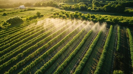 Aerial view of irrigated rows of crops. Sunlight illuminates the scene