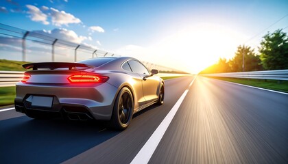 Silver sports car on a racetrack at sunset